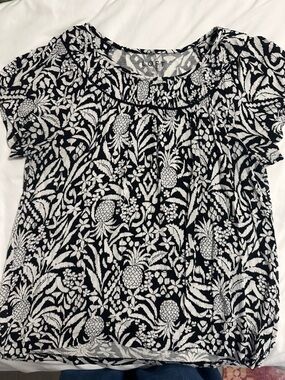 LOFT Black and White Floral Pineapple Print Blouse